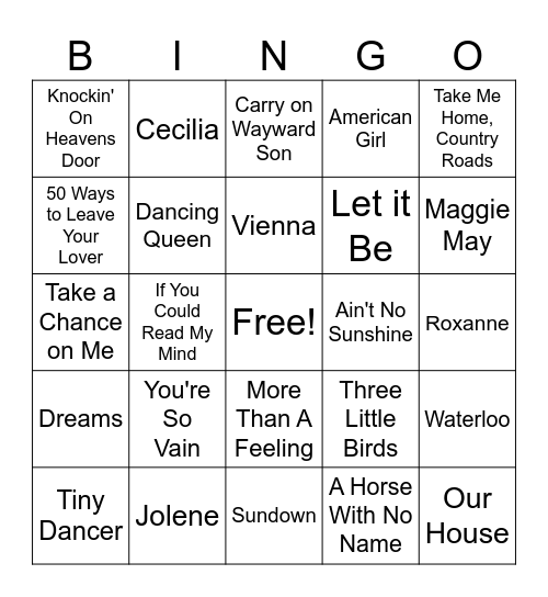 1970's Music Bingo Card