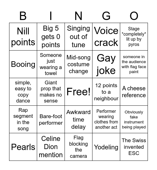 Silver Road Eurovision Bingo Card