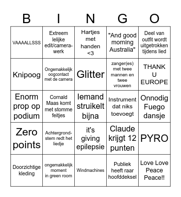 Eurovisie 2025 Bingo Card