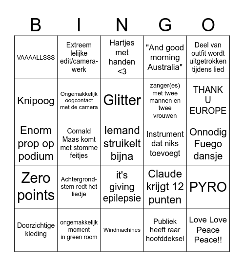 Eurovisie 2025 Bingo Card