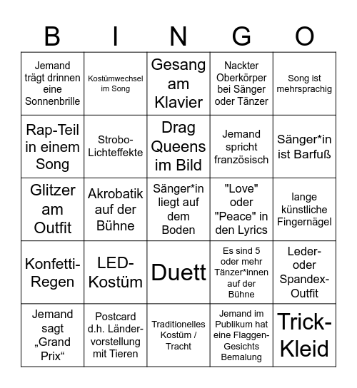 ESC 2025 Deutsch ohne Punkte Bingo Card