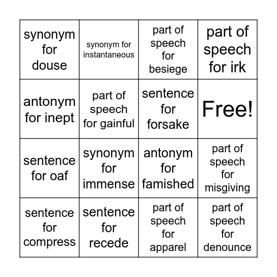 Unit 1 Vocabulary Bingo Card