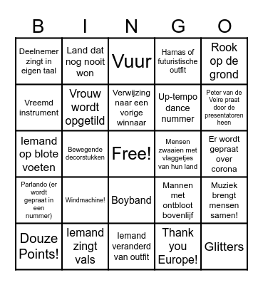 Eurovision Song festival Bingo Card