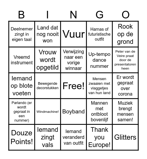 Eurovision Song festival Bingo Card