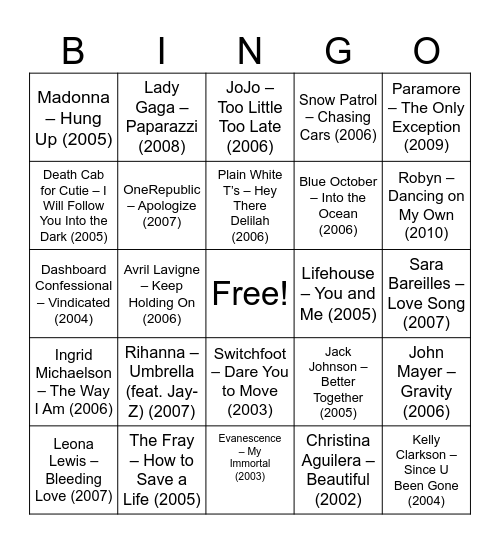 2000's-2010 Bingo! Bingo Card