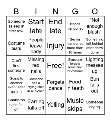 Dance show 2025 Bingo Card