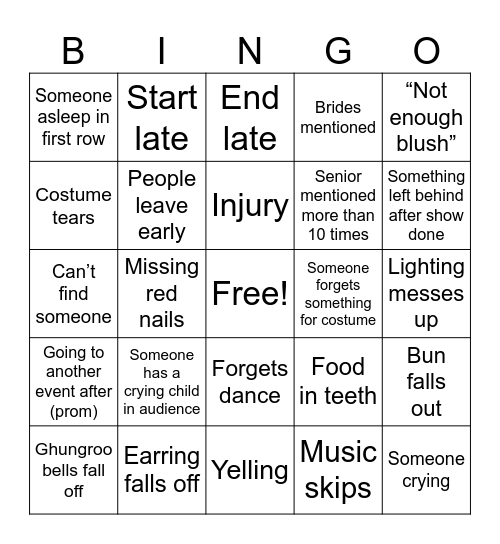 Dance show 2025 Bingo Card