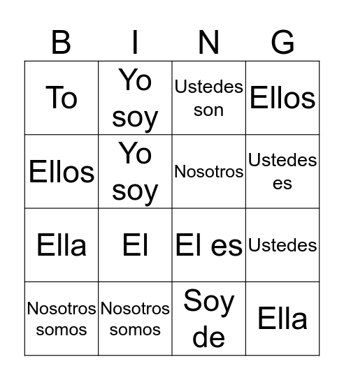 Spanish Bing Bingo Card