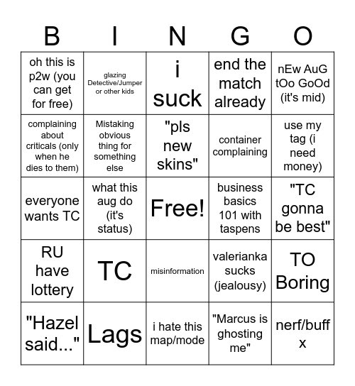 Taspens crying Bingo Card