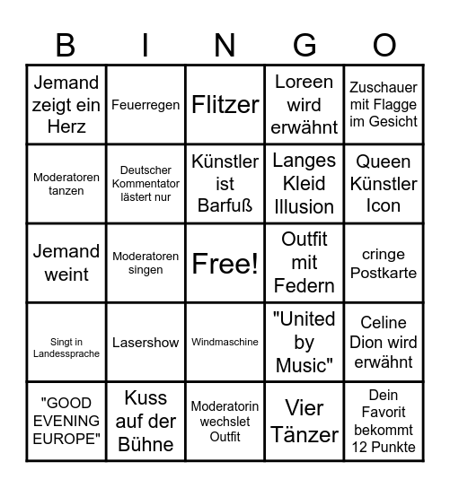 Eurovision Bingo Card