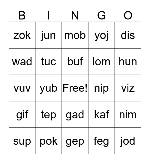 Nonsense Words Bingo Card