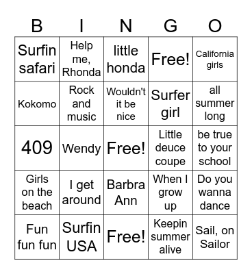 Beach Boys Bingo Card