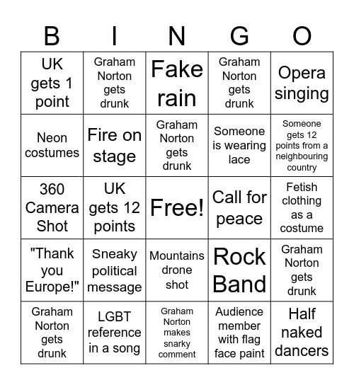 Eurovision Bingo Card