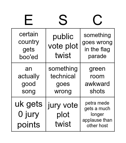 ESC 2025 Bingo Card