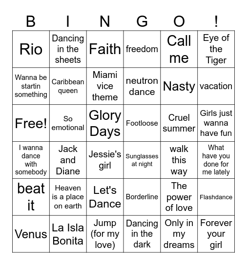 1980s Summer hits Bingo Card