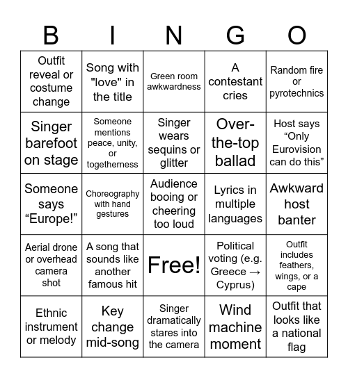 Eurovision Schindellegi Bingo Card
