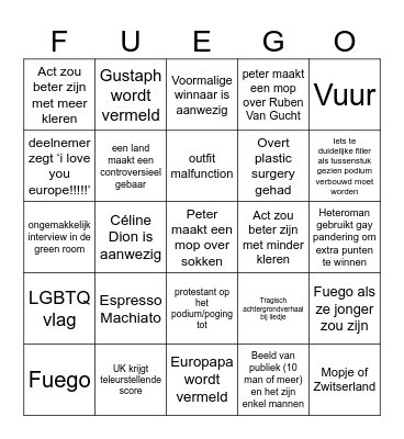 EUROVISION Bingo Card
