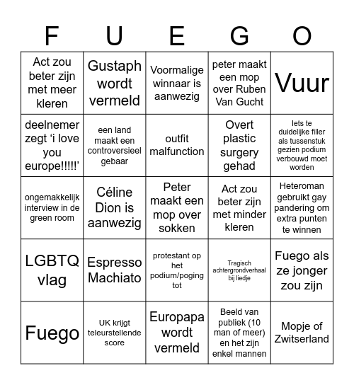 EUROVISION Bingo Card