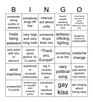 Eurovision Bingo Card