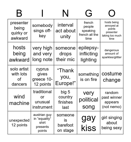 Eurovision Bingo Card