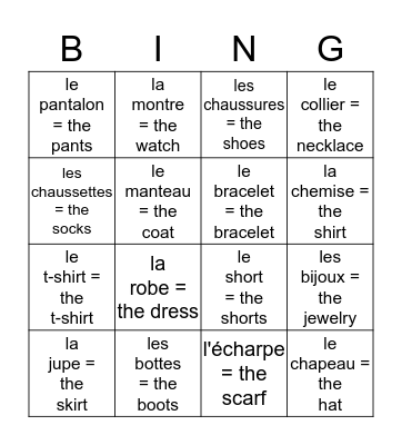 Les Vêtements Bingo Card