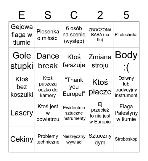 Jurowizja 2025 XD Bingo Card