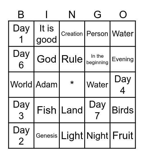 Creation Bingo Card
