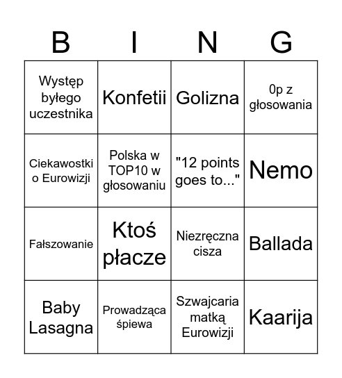 Eurowizja 2025 Bingo Card