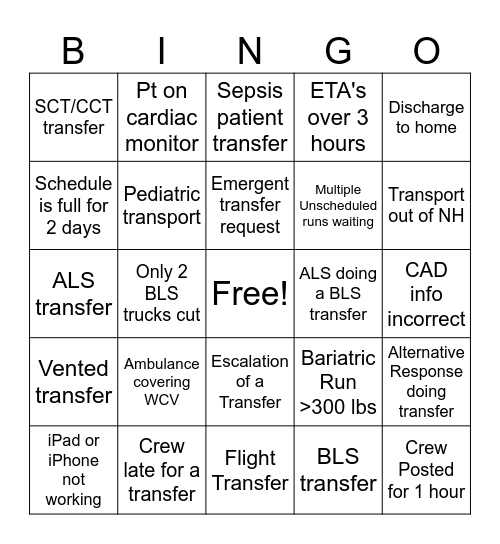 EMS Week - Medical Transport Bingo Card