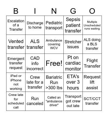 EMS Week - Medical Transport Bingo Card