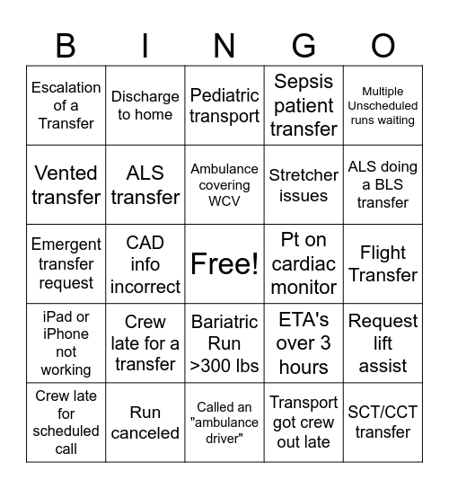 EMS Week - Medical Transport Bingo Card