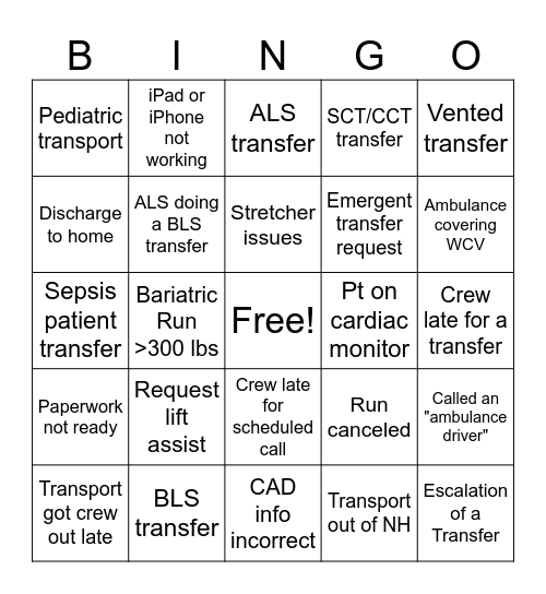 EMS Week - Medical Transport Bingo Card