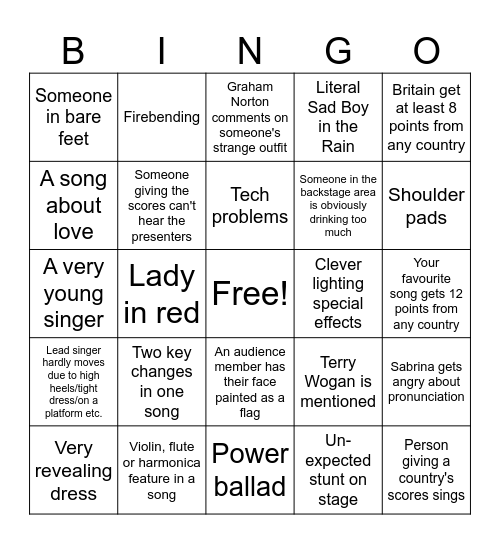 Eurovision Bingo Card