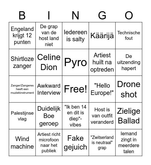 Eurovisie Bingo 2025 Bingo Card