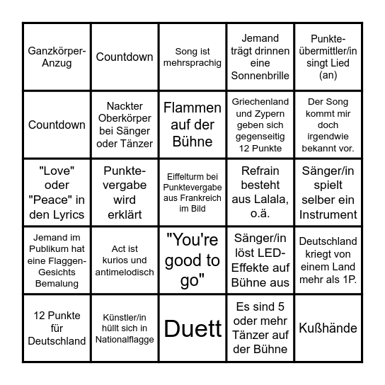 ESC 2025 Bingo (deutsch) Bingo Card