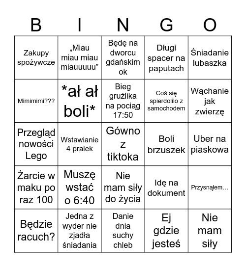 Typowy miesiąc wyderek Bingo Card