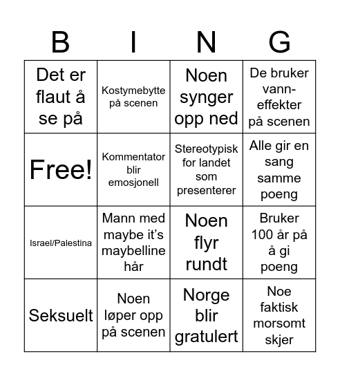 Eurovision Bingo Card