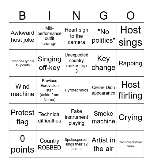 Eurovision 2025 Bingo Card