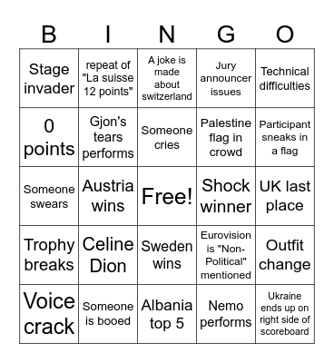 Eurovision 2025 Bingo Card