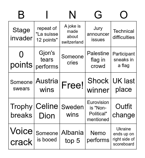 Eurovision 2025 Bingo Card