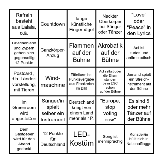 ESC 2025 Bingo (deutsch) Bingo Card