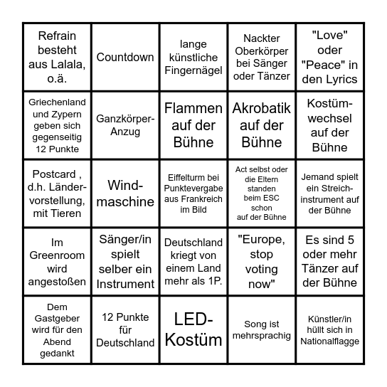 ESC 2025 Bingo (deutsch) Bingo Card