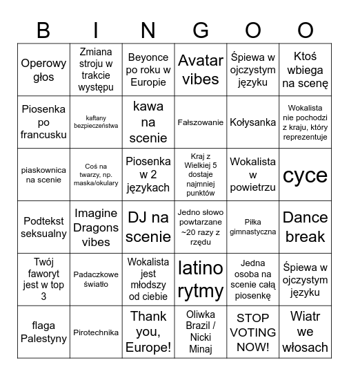 Eurowizja 2025 Bingo Card