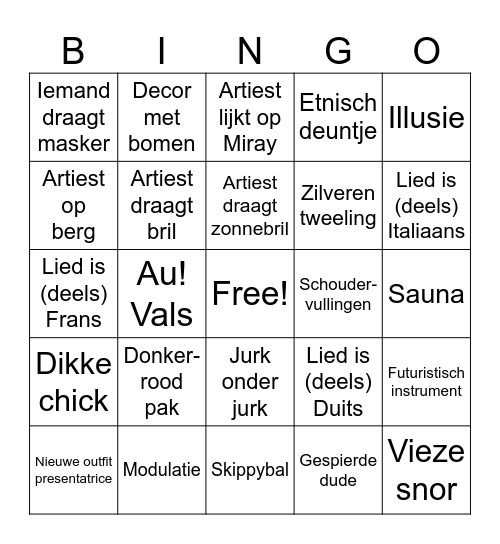 The BIG Jersterly Songfestival BINGO Card