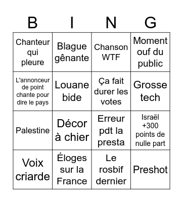 Eurovision Bingo Card