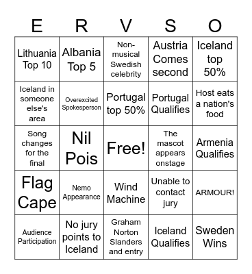 Eurovision Bingo Card