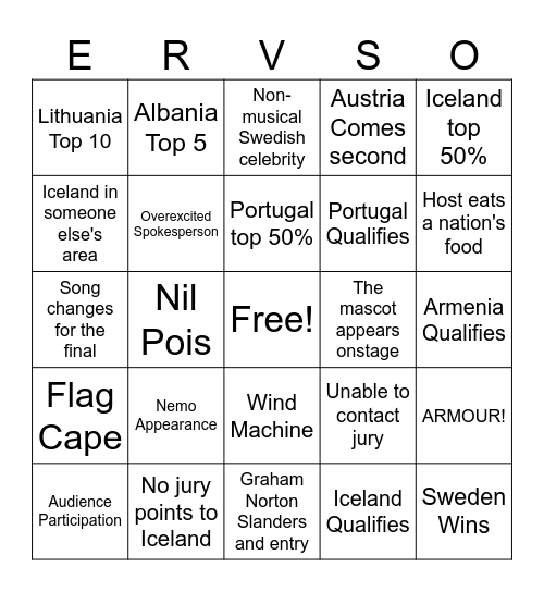 Eurovision Bingo Card