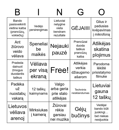 Eurovision Bingo Card