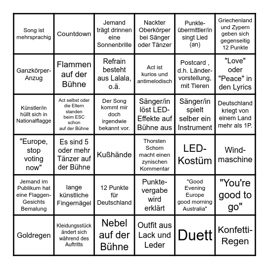 ESC 2025 Bingo (deutsch) Bingo Card
