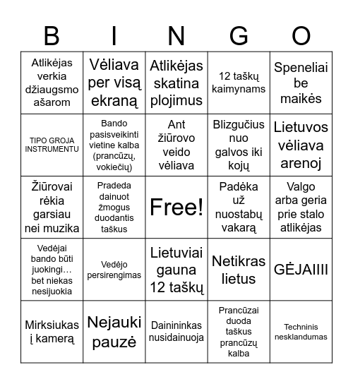 Eurovision Bingo Card